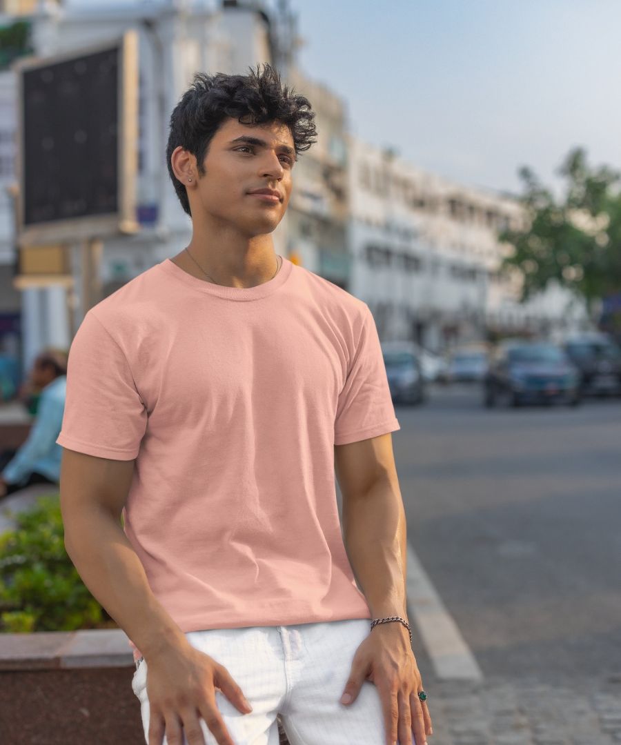 Peach Cotton Round Neck T-Shirt